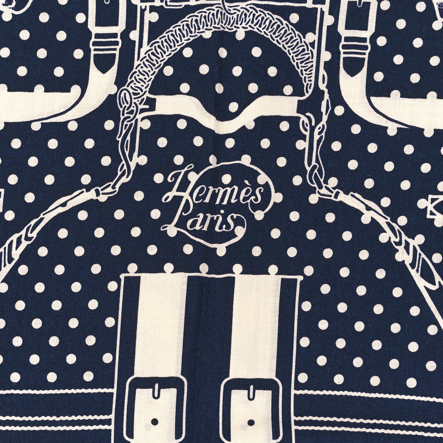Hermes Silk Cashmere Grand Manege Bandana Shawl 140 Marine White 2 of 3