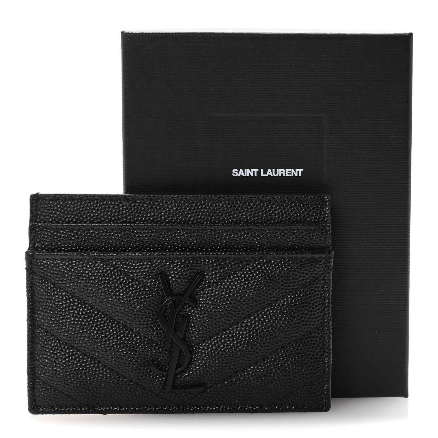 Saint Laurent Grain De Poudre Matelasse Chevron Monochrome Monogram Credit Card Case Black 8 of 8