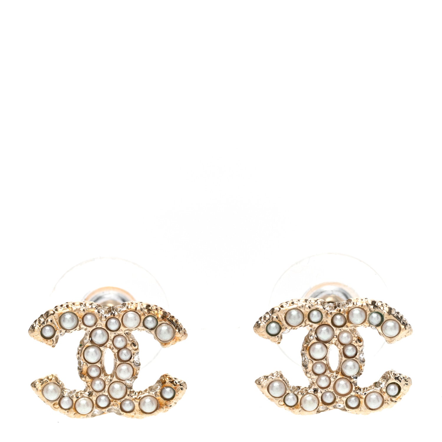 Chanel Metal Graduated Pearl Crystal CC Earrings Light Gold 1 of 5