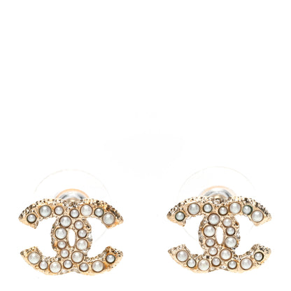 Chanel Metal Graduated Pearl Crystal CC Earrings Light Gold 1 of 5