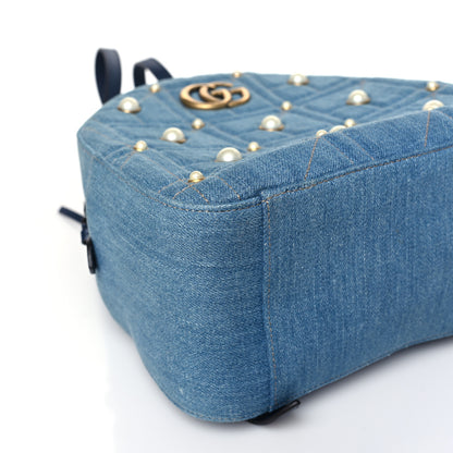 Gucci Kura Denim Matelasse Cubic Pearl Studded GG Marmont Dome Backpack Blue 8 of 9