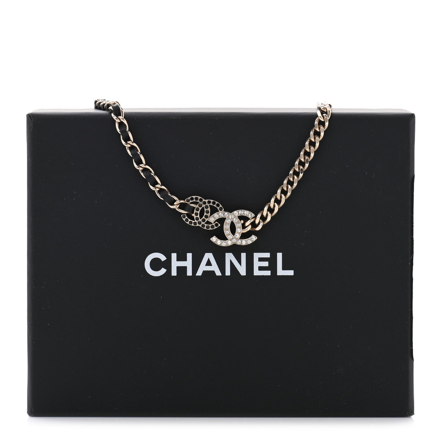 Metal Calfskin Crystal Double CC Short Necklace Black Gold