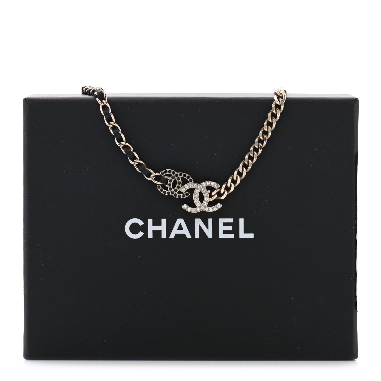 Chanel Metal Calfskin Crystal Double CC Short Necklace Black Gold 7 of 7