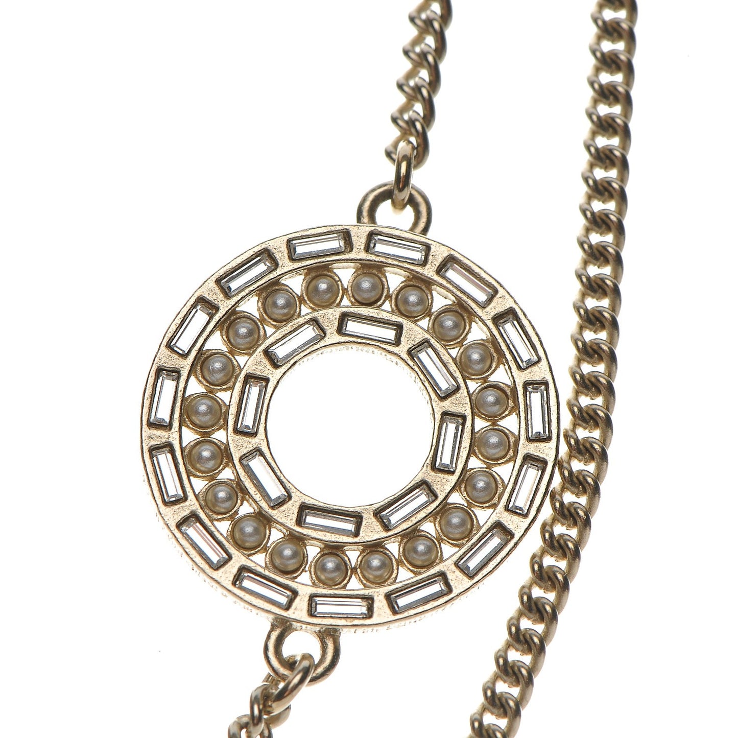 Crystal Baguette Pearl CC Chain Necklace Gold