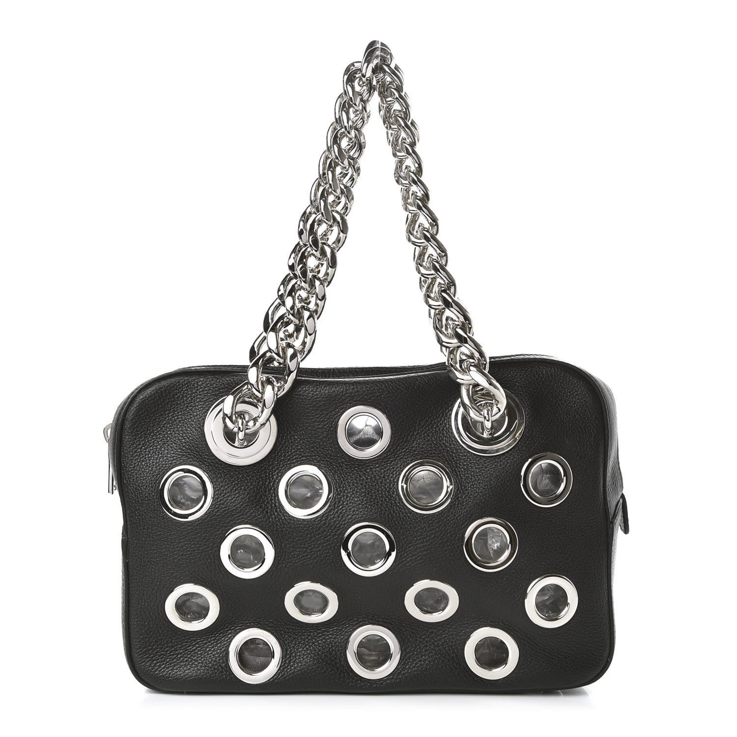 Vitello Daino Grommet Chain Satchel Bag Black