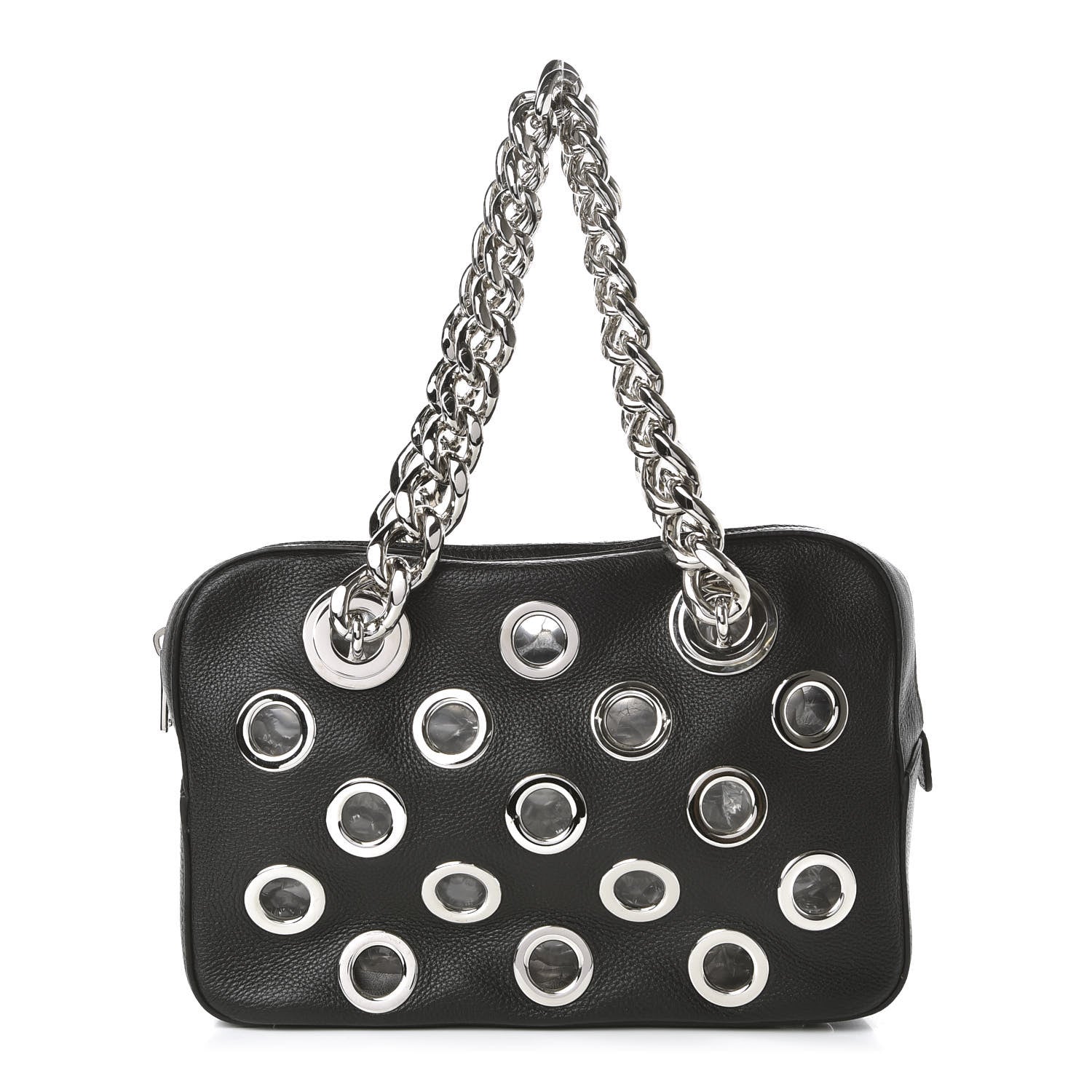 Prada Vitello Daino Grommet Chain Satchel Bag Black 1 of 10