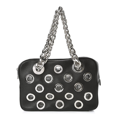 Prada Vitello Daino Grommet Chain Satchel Bag Black 1 of 10