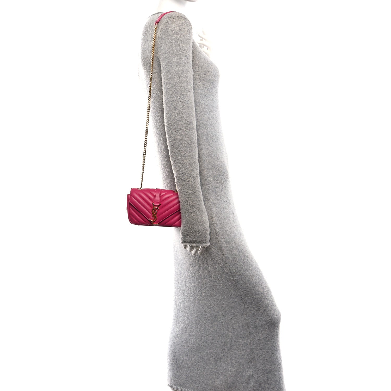 Saint Laurent Calfskin Matelasse Chevron Classic Monogram Baby Chain Bag Fuchsia 2 of 11