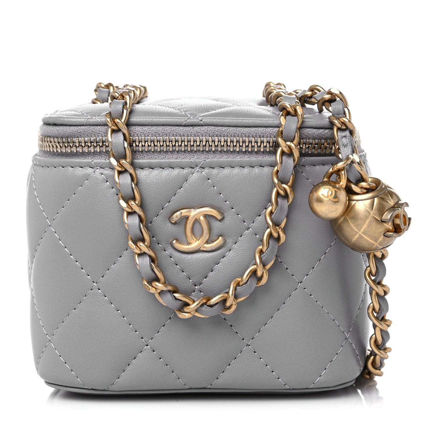 Lambskin Quilted Pearl Crush Mini Vanity Case With Chain Grey
