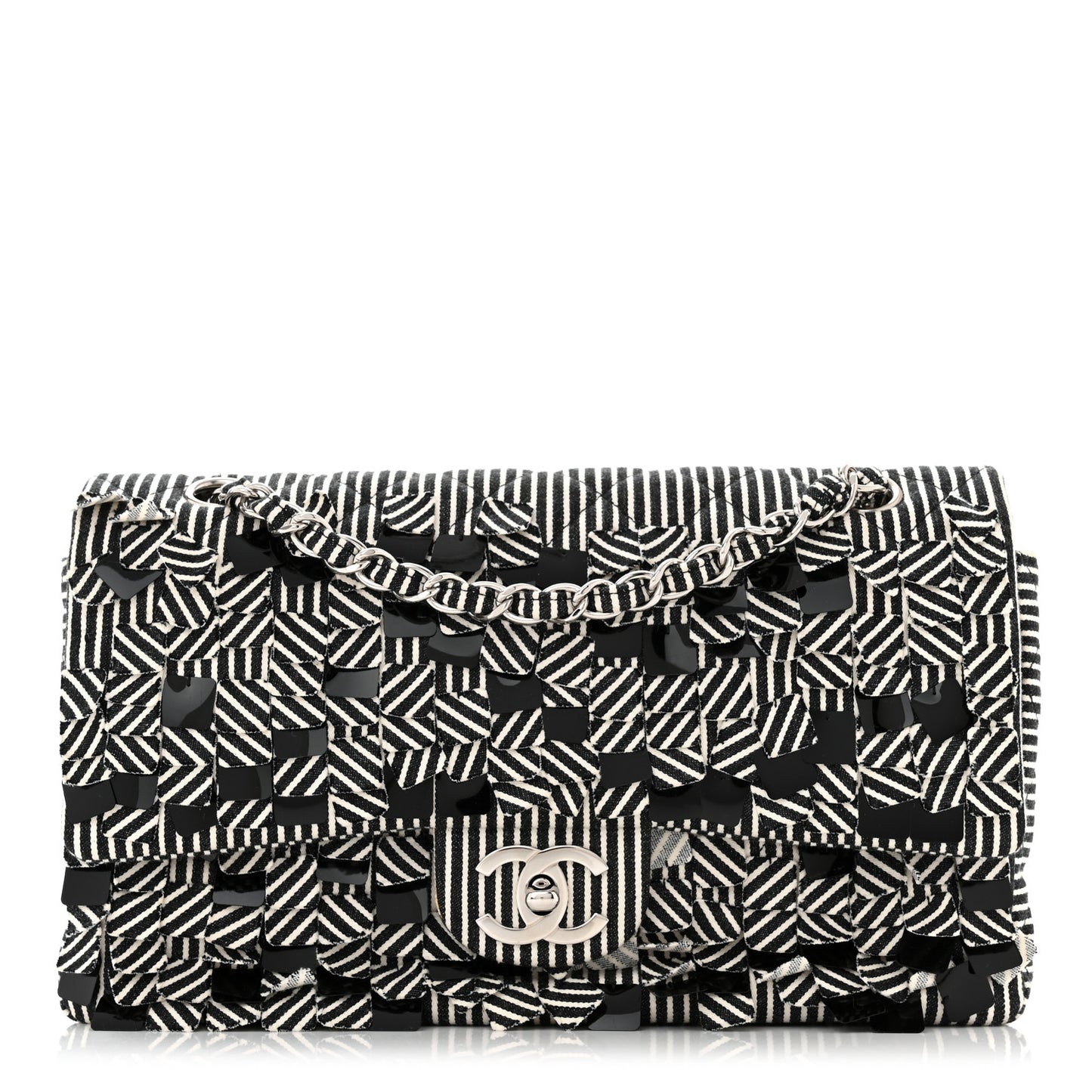 Canvas Sequin Stripe Medium Double Flap Black White