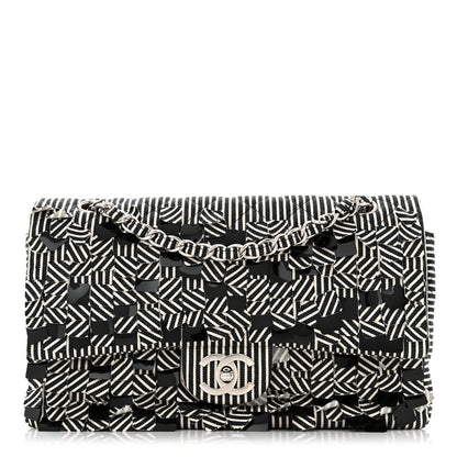 Chanel Canvas Sequin Stripe Medium Double Flap Black White 1 of 10