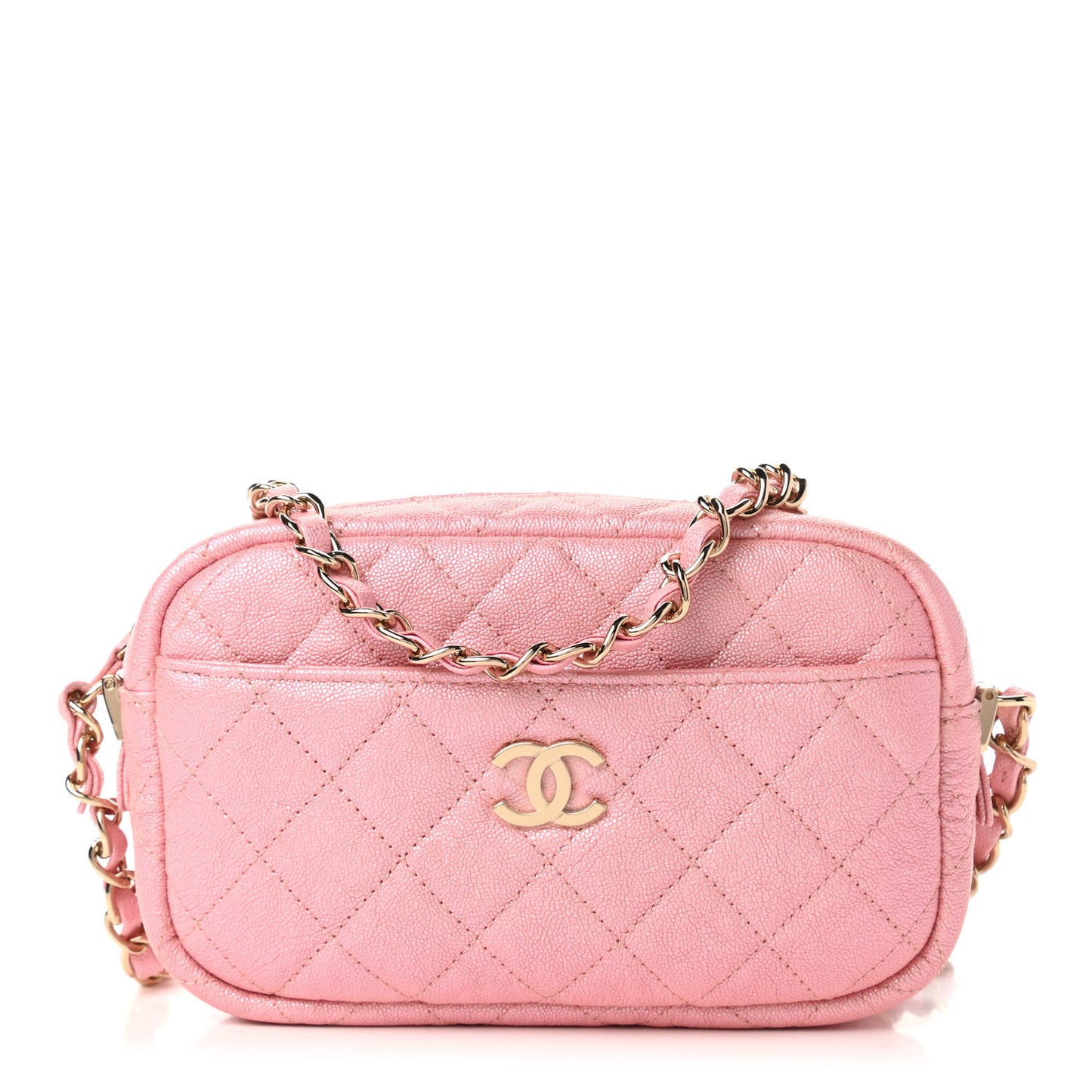 Iridescent Caviar Quilted Small Timeless Camera Case Pink