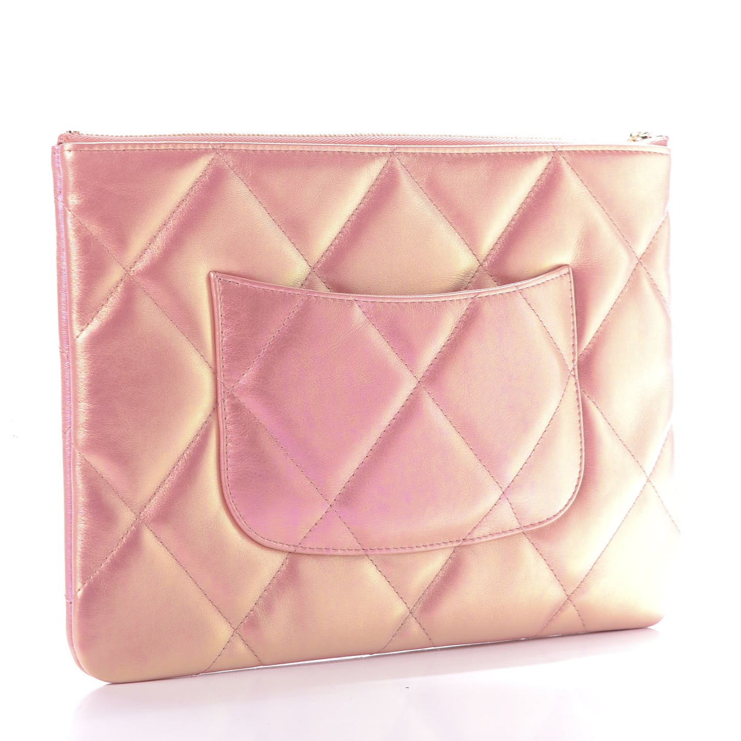 Iridescent Calfskin Quilted Large 19 Pouch Pink