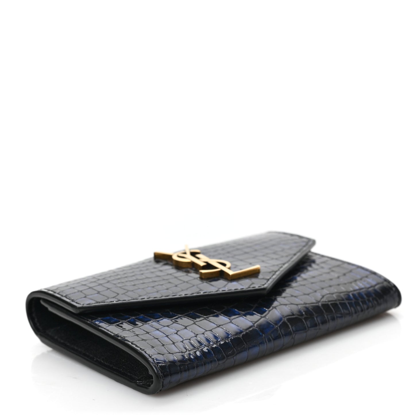 Calfskin Crocodile Embossed Small Monogram Envelope Wallet Blue