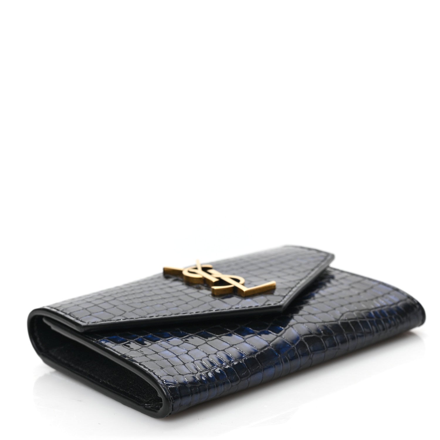 Saint Laurent Calfskin Crocodile Embossed Small Monogram Envelope Wallet Blue 4 of 6