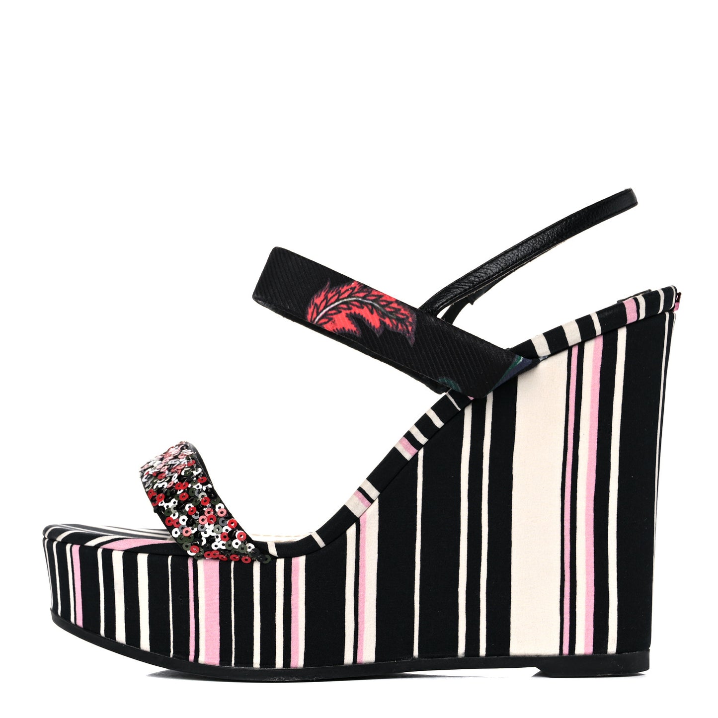 Satin Sequined Striped CD Platform Sandal 39.5 Black Multicolor