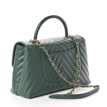 Chanel Caviar Chevron Quilted Medium Coco Handle Flap Green 3 of 10