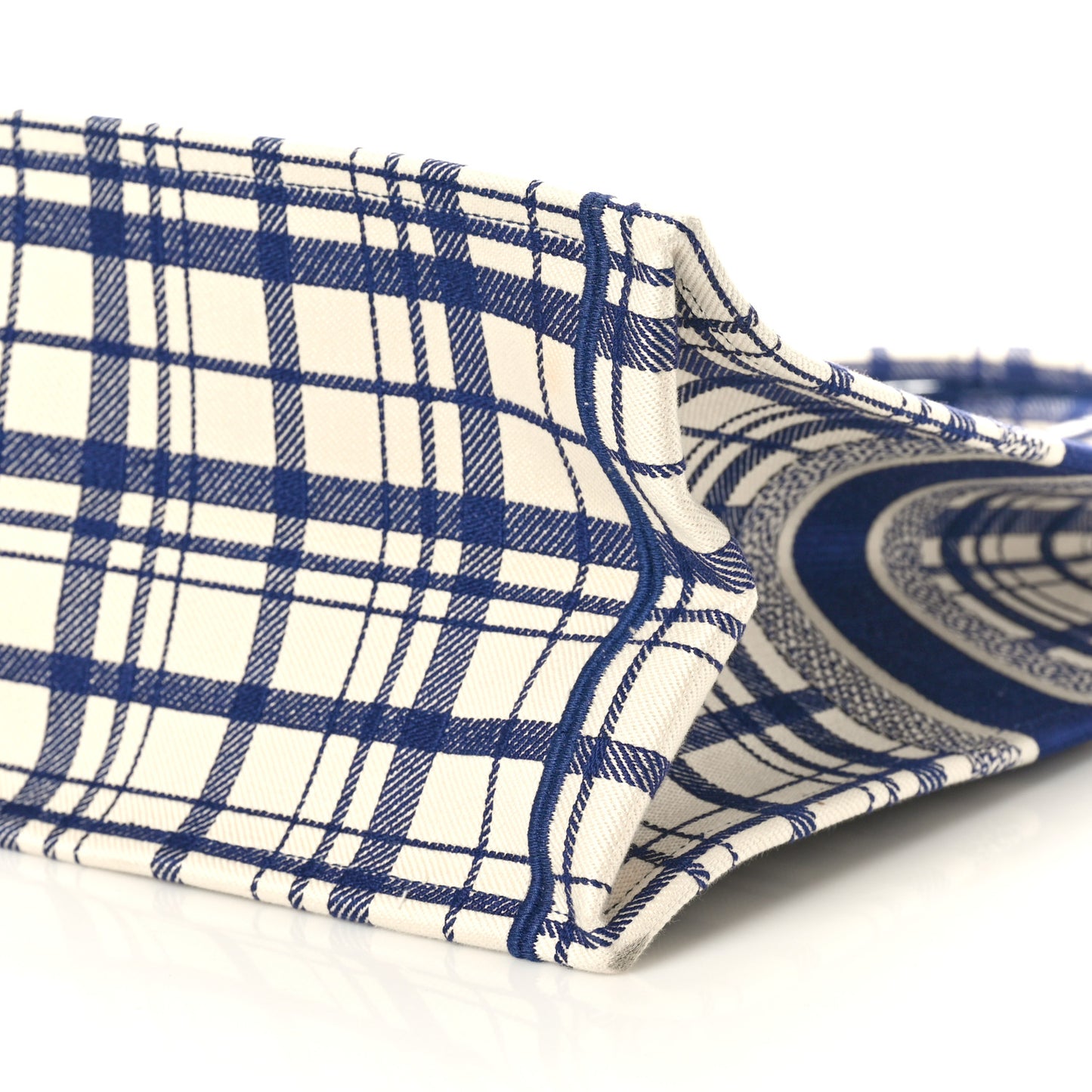 Canvas Embroidered Large Plaid Book Tote Navy