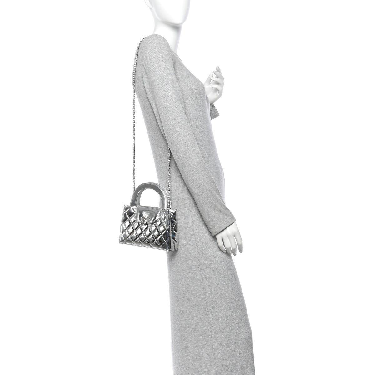 Mirror Calfskin Metallic Calfskin Quilted Nano Kelly Shopper Silvery