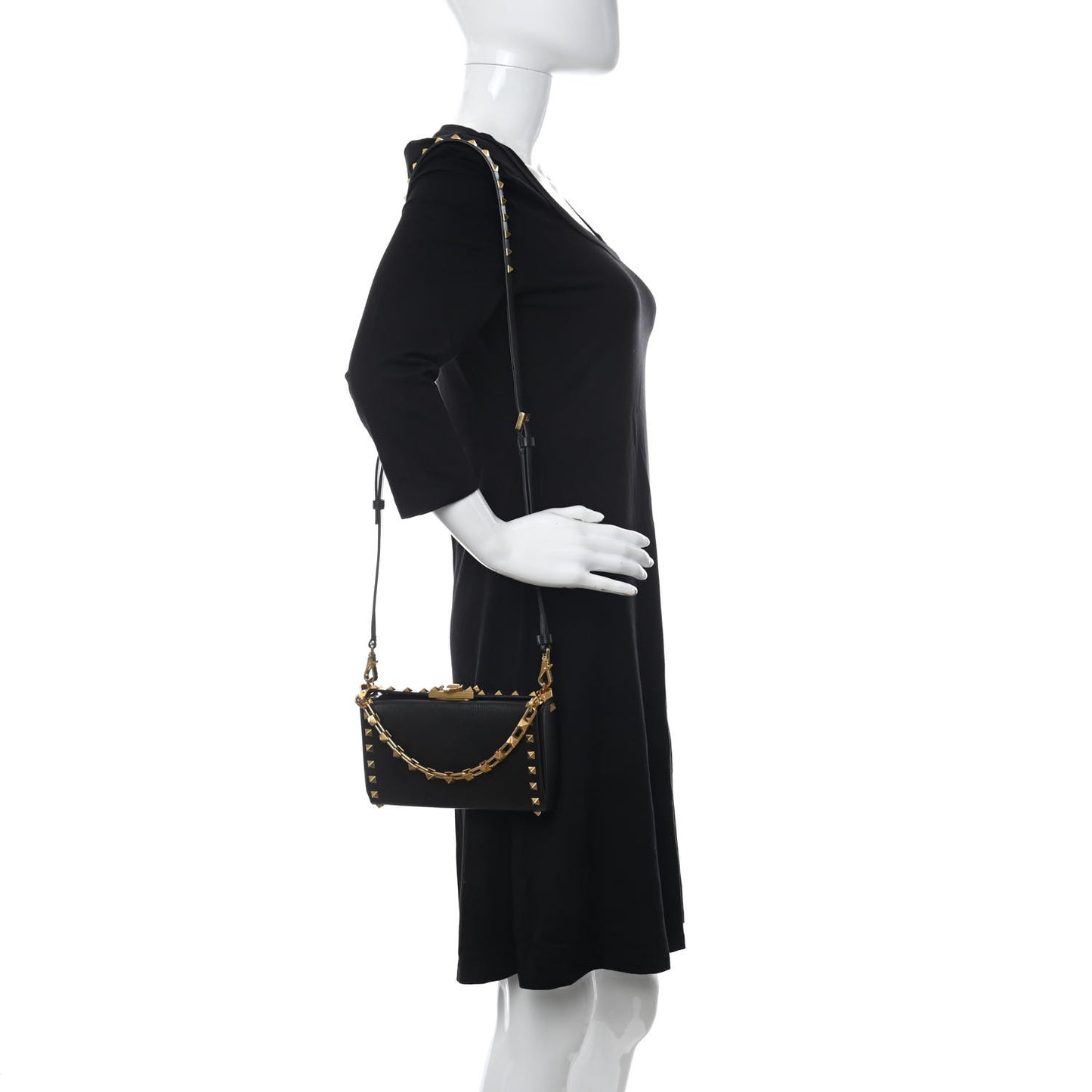 Grainy Calfskin Rockstud Alcove Box Clutch Black