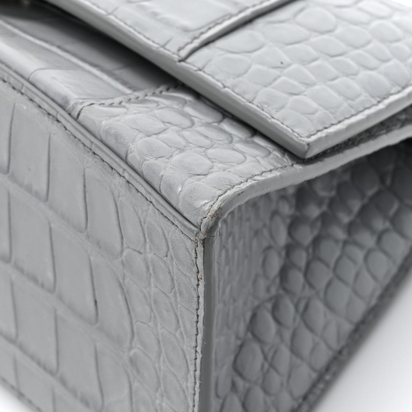 Shiny Calfskin Crocodile Embossed Small Hourglass Top Handle Bag Balenciaga Grey