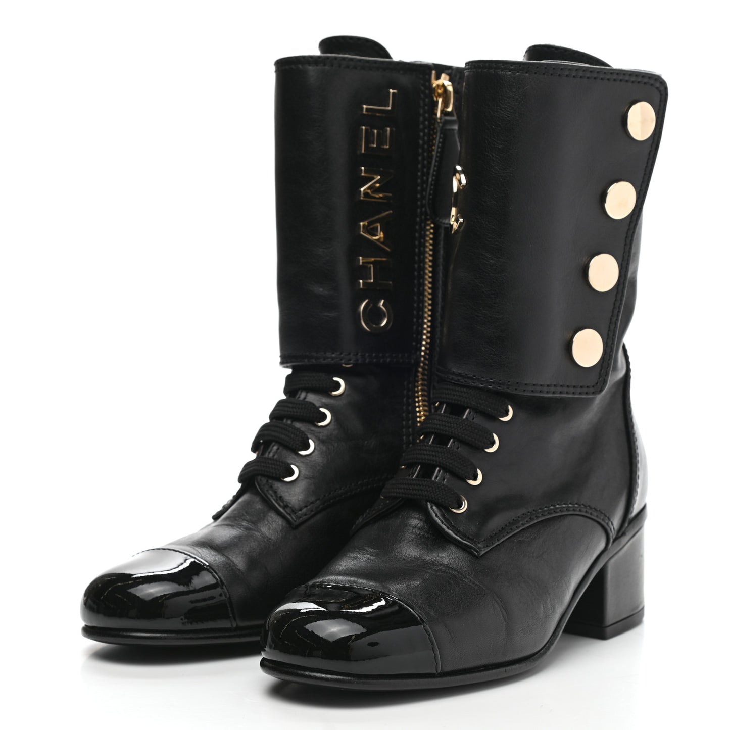 Calfskin Patent Cap Toe CC Lace Up Boots 35 Black