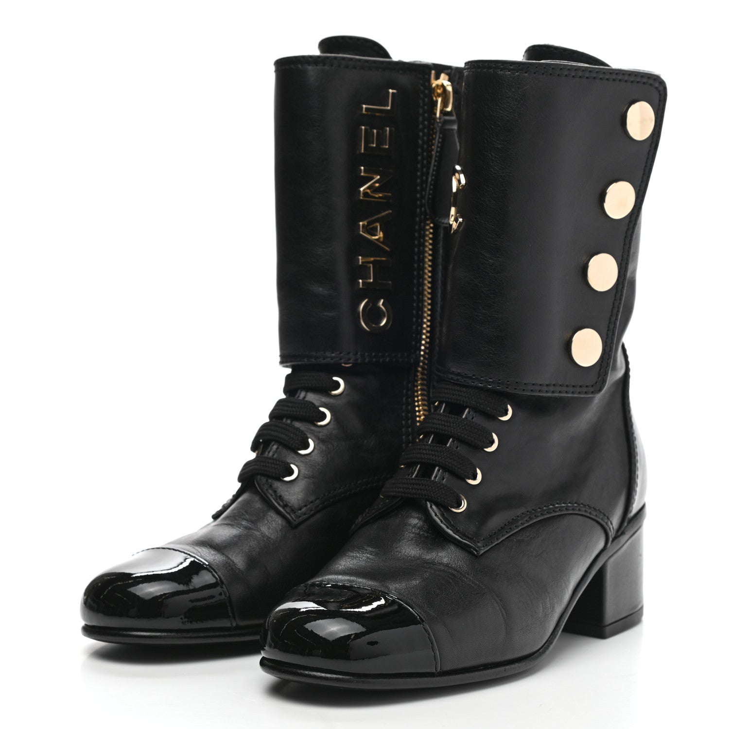Chanel Calfskin Patent Cap Toe CC Lace Up Boots 35 Black 3 of 9
