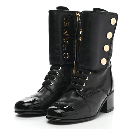 Chanel Calfskin Patent Cap Toe CC Lace Up Boots 35 Black 3 of 9