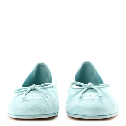 Chanel Suede Calfskin Quilted Cap Toe CC Ballerina Flats 38 Light Blue 3 of 9