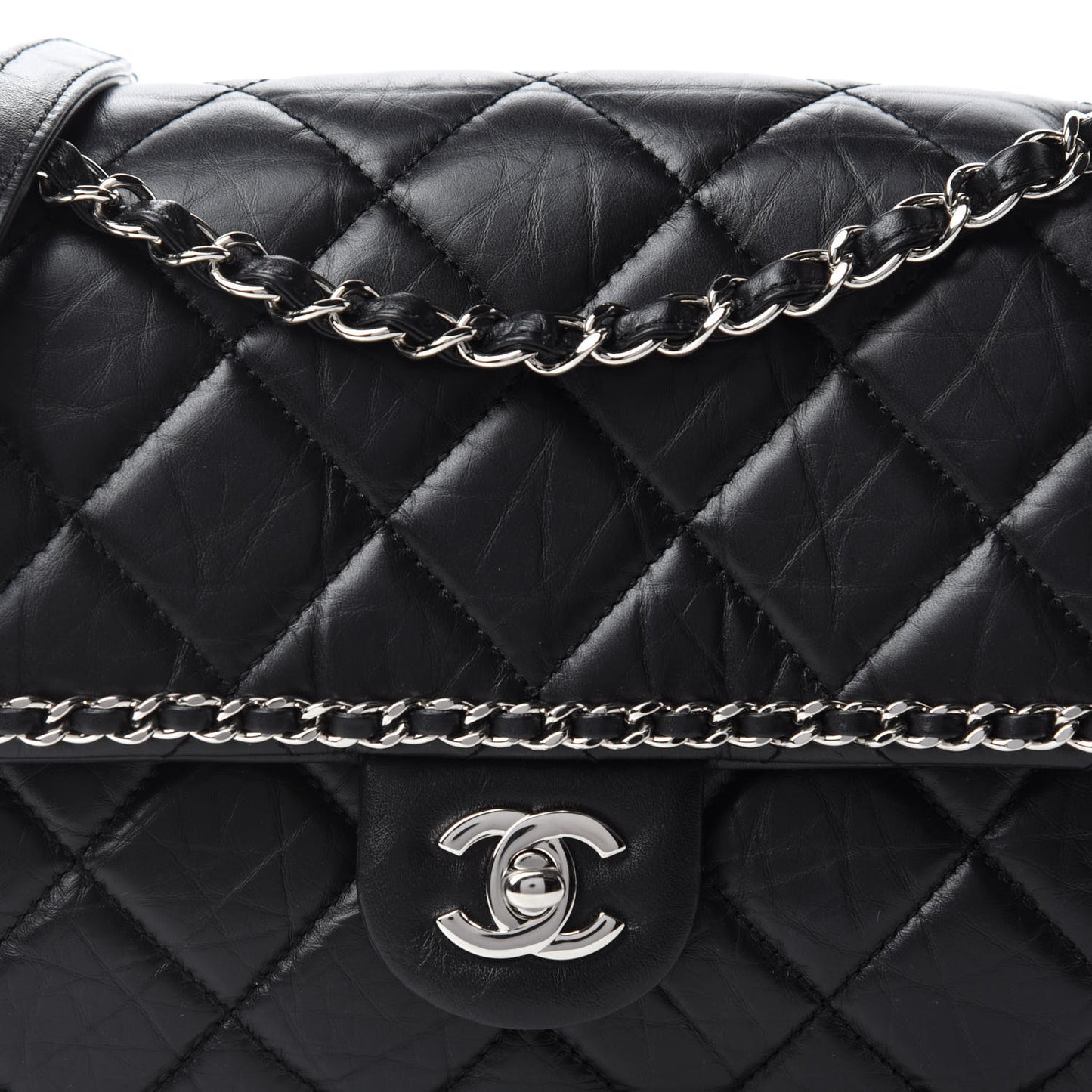 Crumpled Calfskin Medium Chain All Over Flap Black