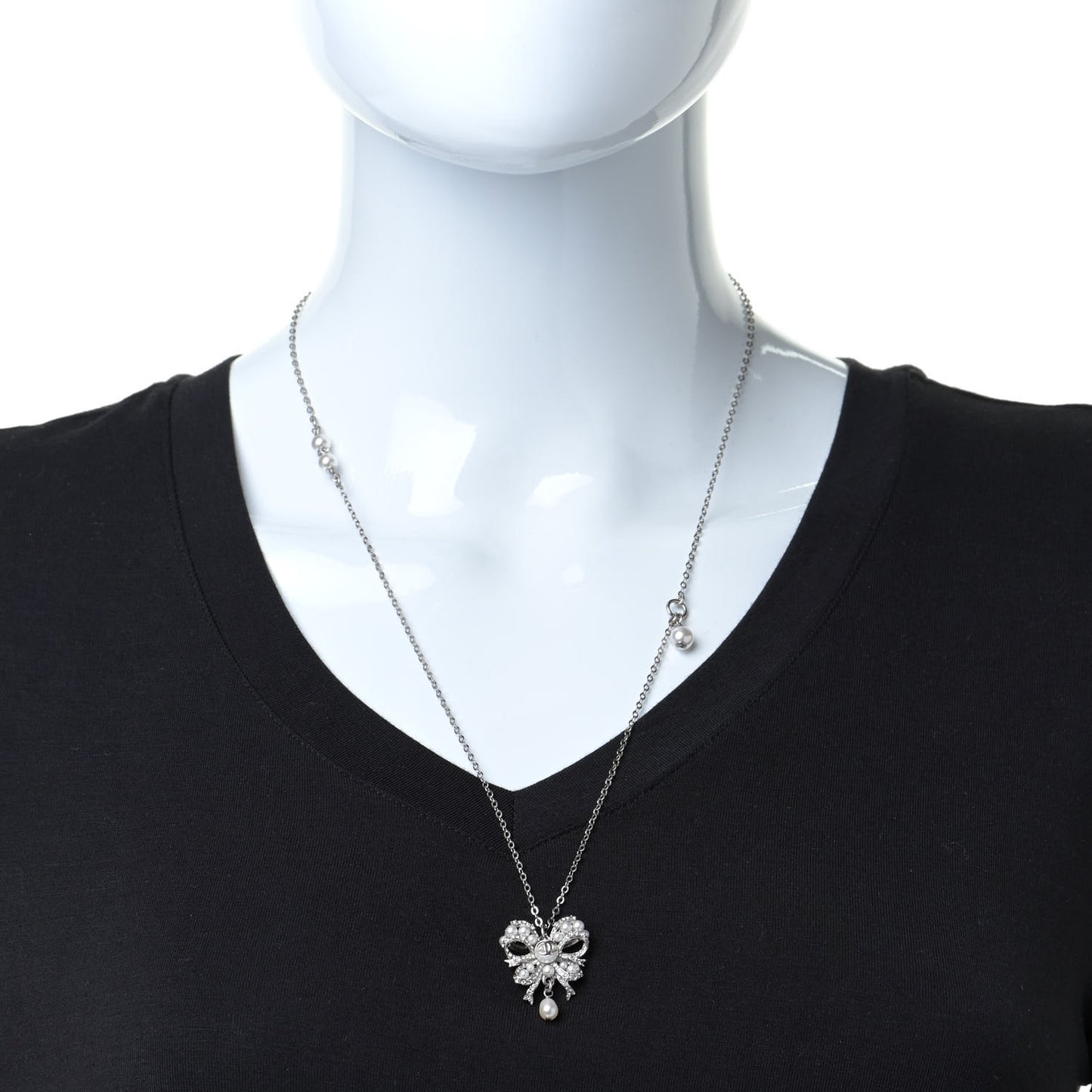 Crystal Pearl CC Bow Long Necklace Silver
