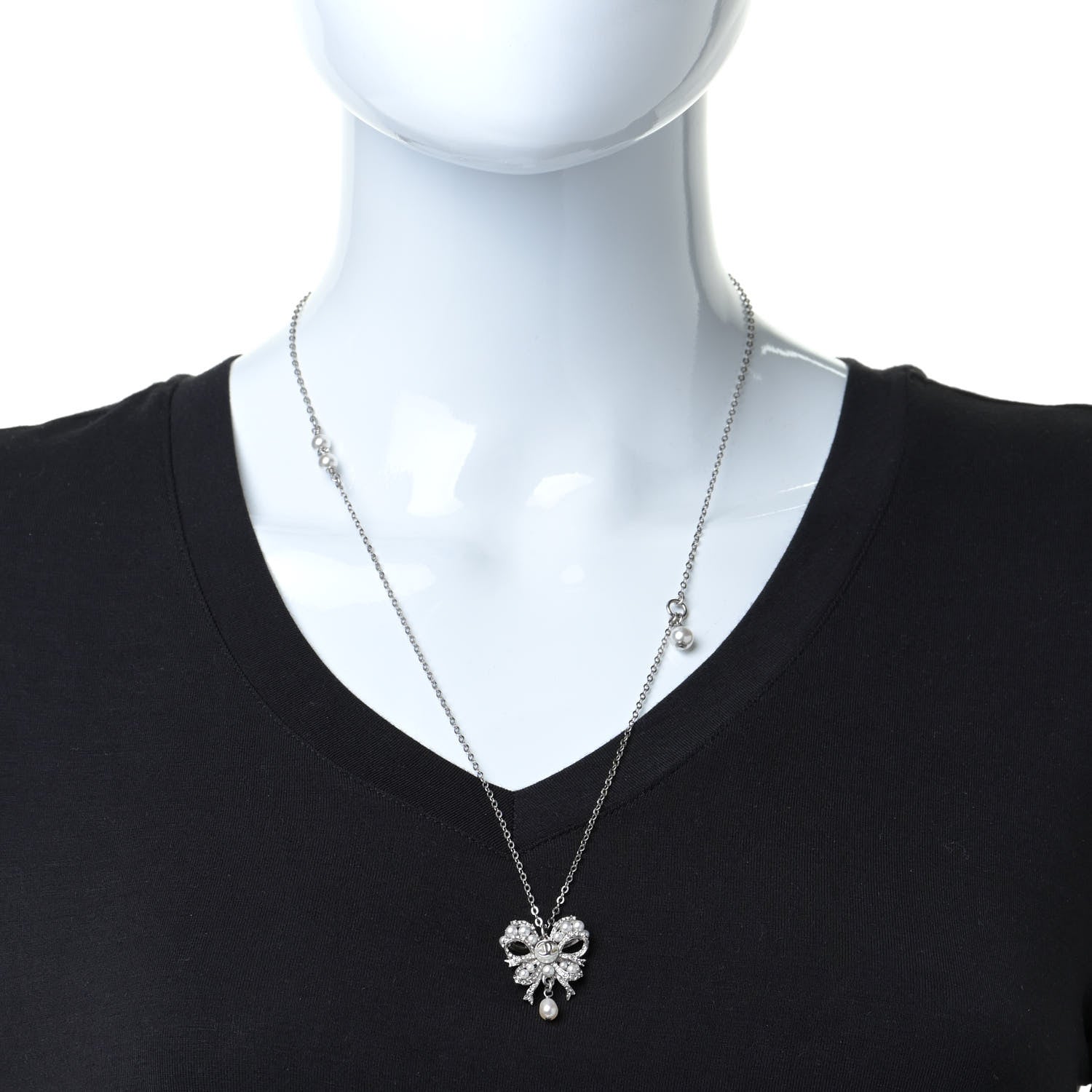 Chanel Crystal Pearl CC Bow Long Necklace Silver 2 of 6