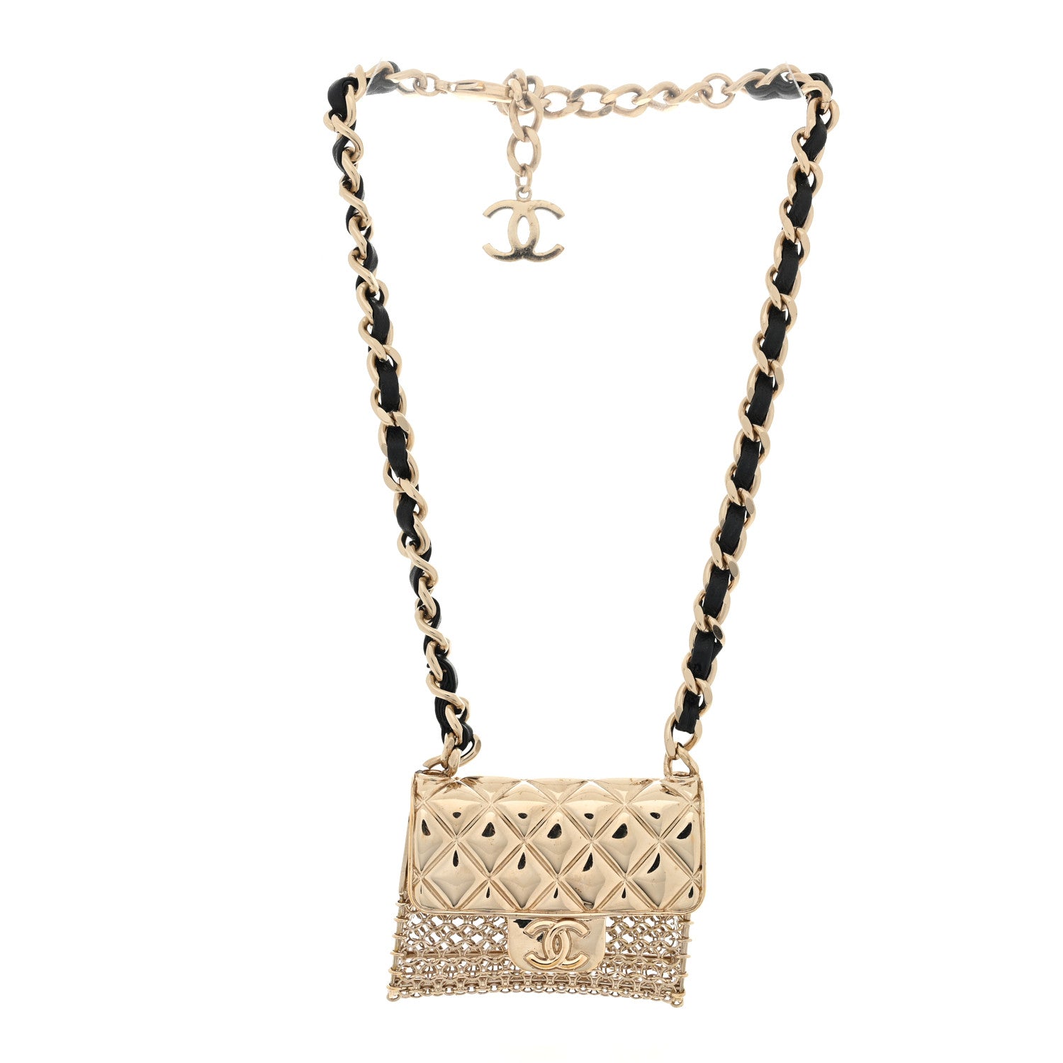 Chanel Metal Lambskin Chain Micro Bag Necklace Gold Black 2 of 4
