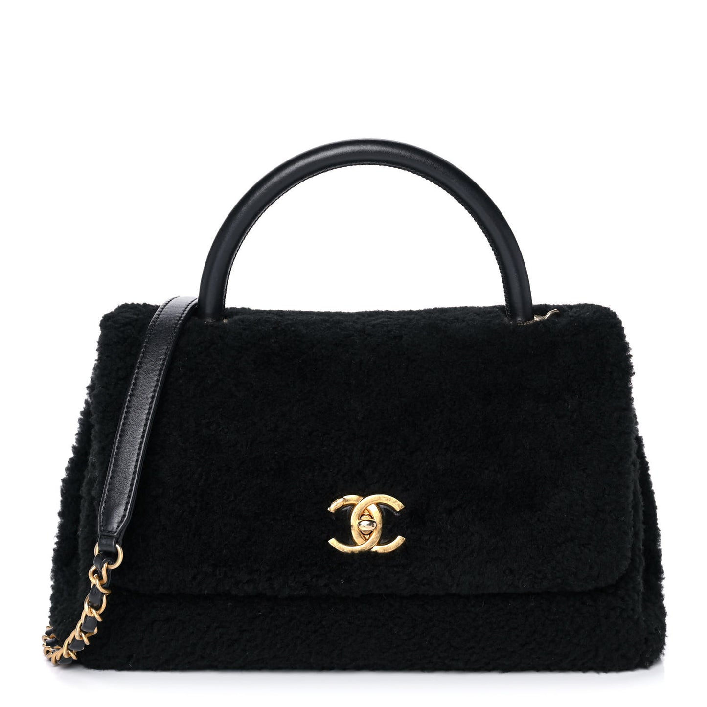 Shearling Lambskin Medium Coco Handle Flap Black
