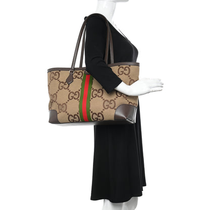 Gucci Monogram Jumbo GG Textured Dollar Calfskin Web Medium Ophidia Shopping Tote Camel Ebony 2 of 12