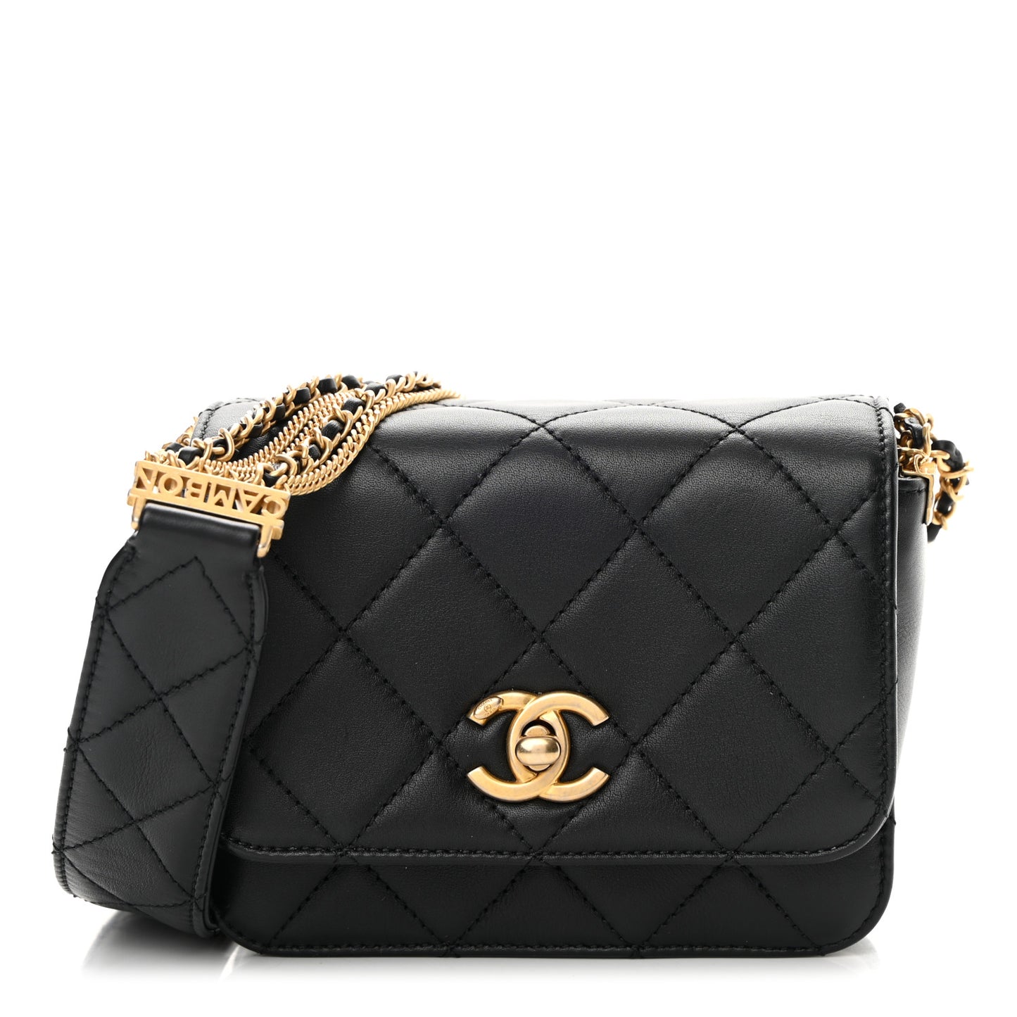 Lambskin Quilted Small Multiple Chain Flap Black