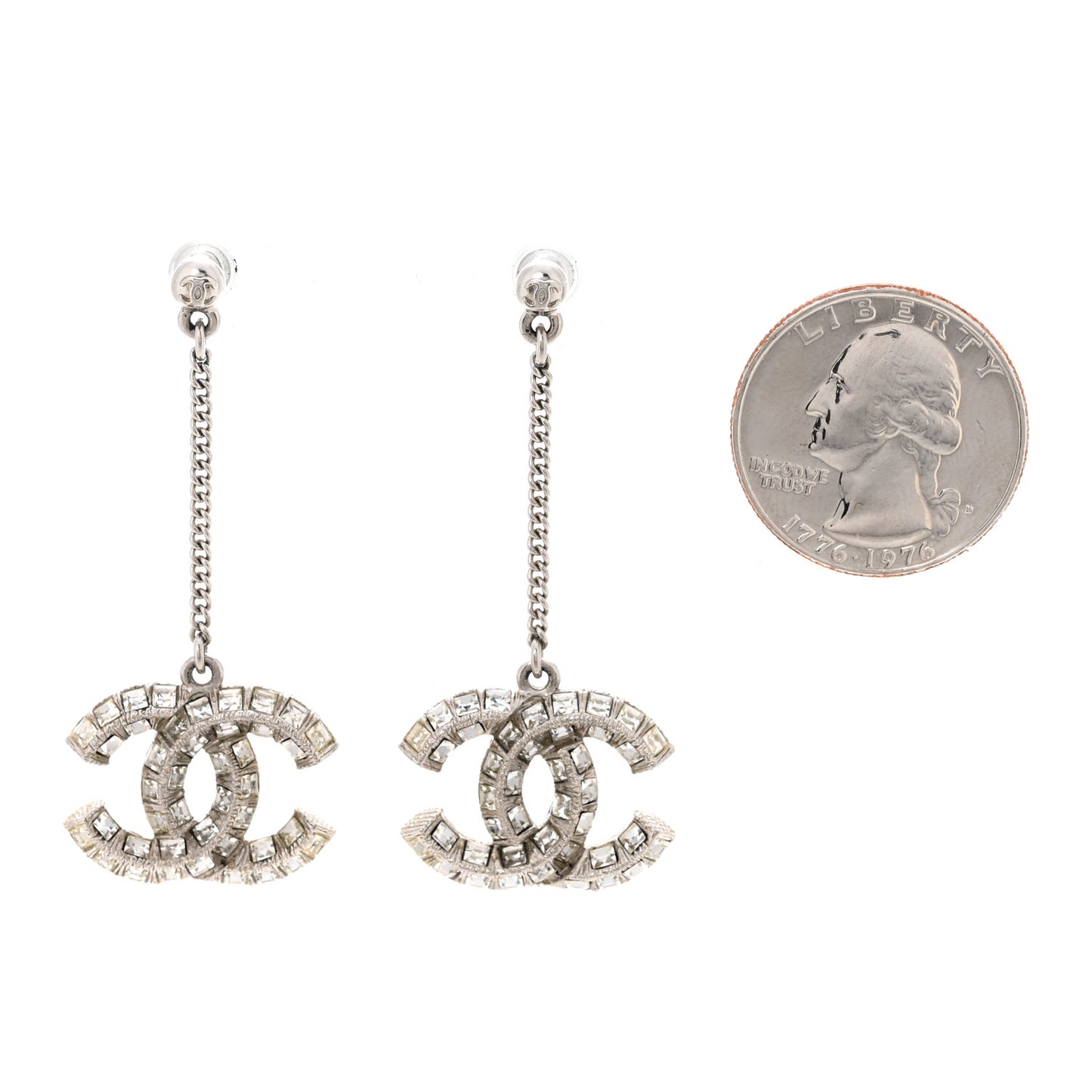 Baguette Crystal CC Drop Earrings Silver