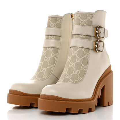 Gucci Kensington Calfskin Nappa GG Supreme Monogram Womens Double Buckle Ankle Boots 38 Mystic White Beige 3 of 9