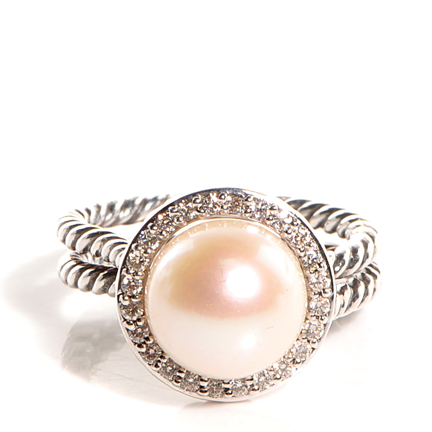 Sterling Silver Pave Diamond Pearl Cable Ring Size 6