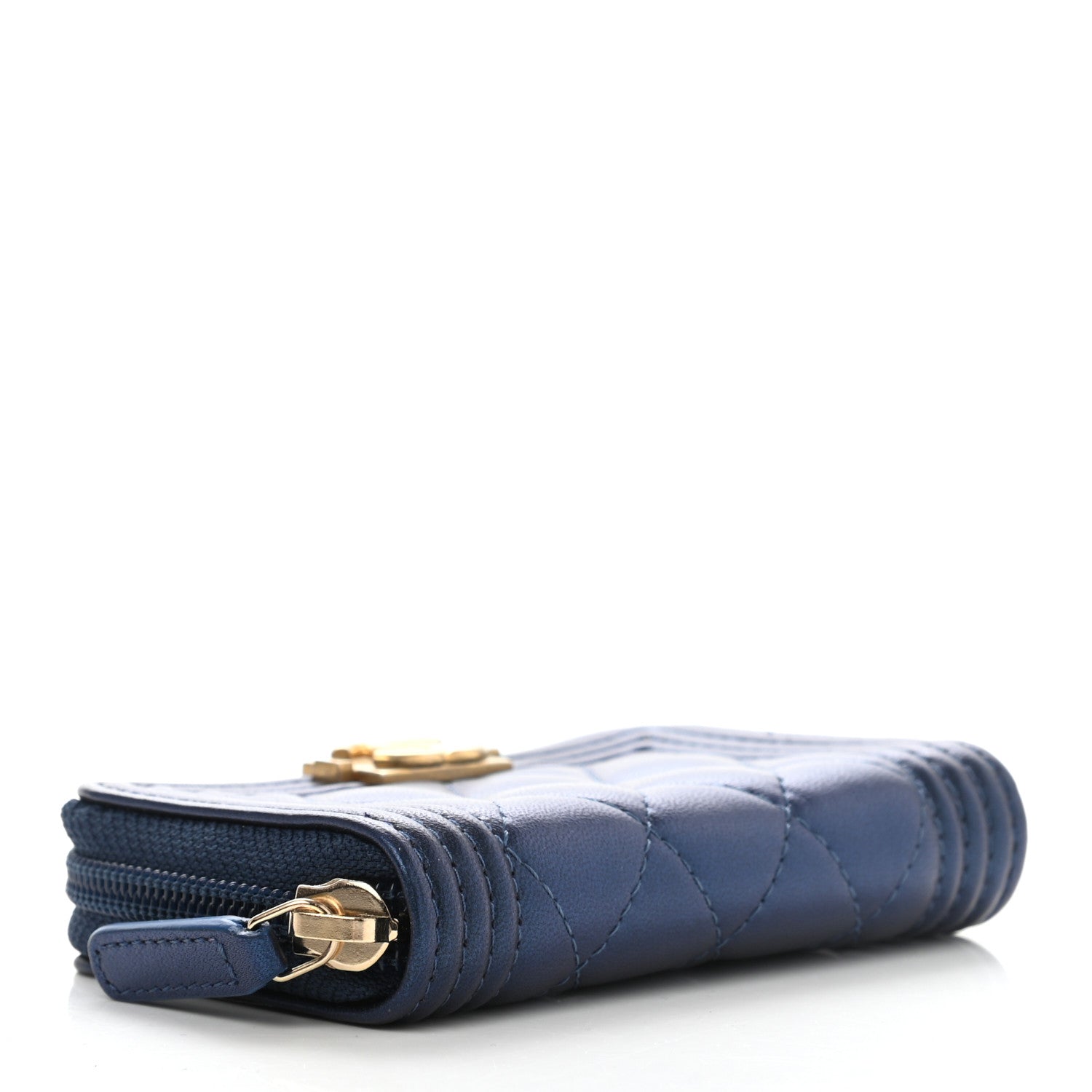 Chanel Metallic Lambskin Quilted Boy Zip Around Coin Purse Wallet Blue 4 of 8