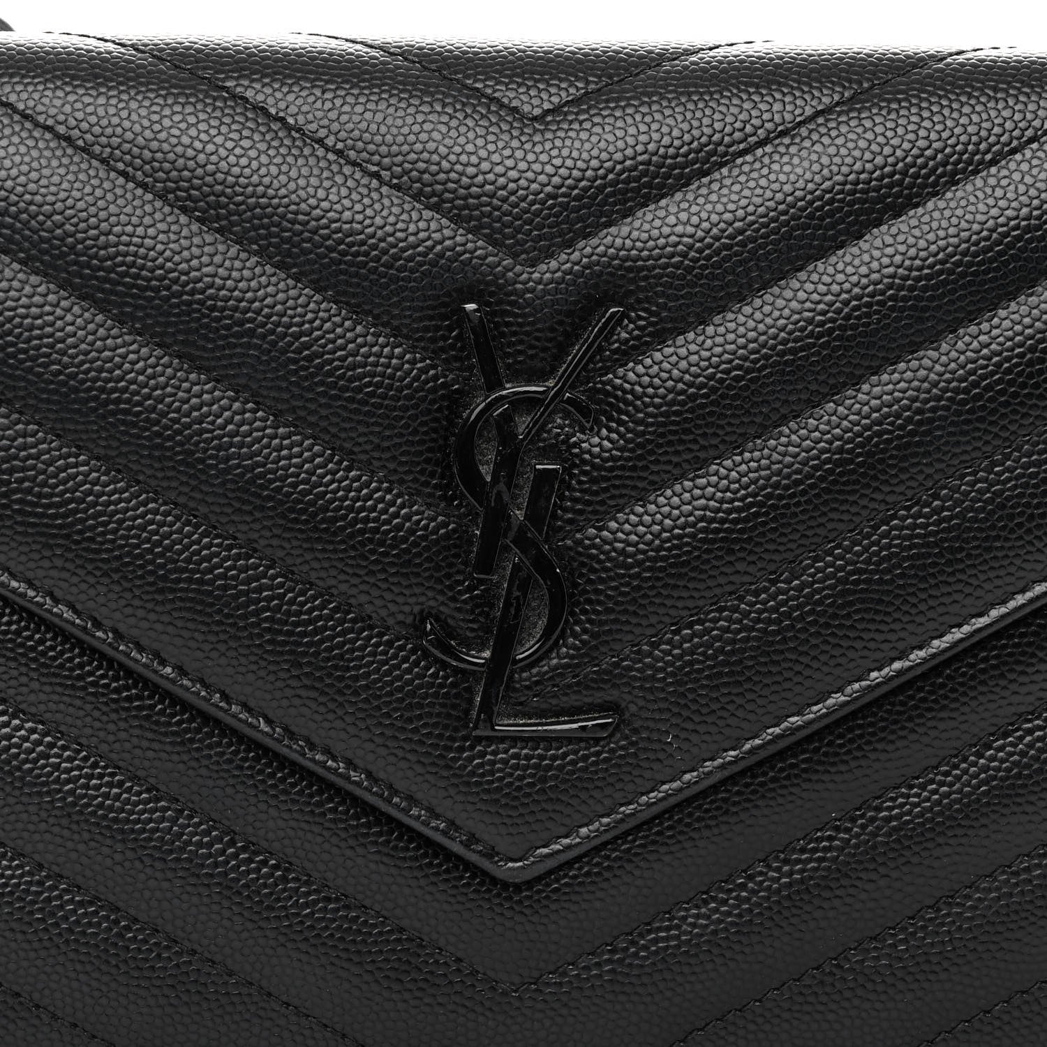 Saint Laurent Grain De Poudre Matelasse Chevron Monogram Monochrome Envelope Chain Wallet Black 8 of 10