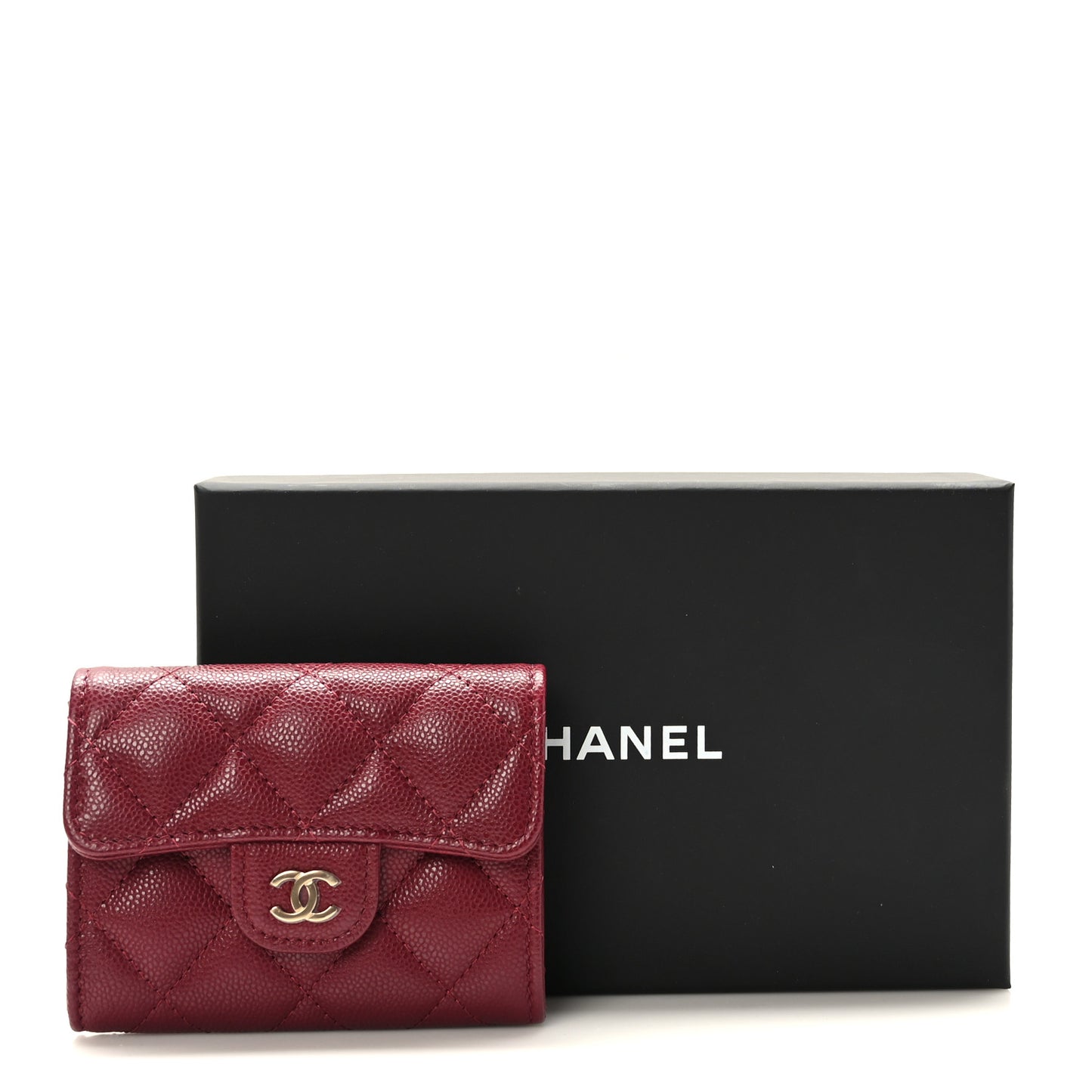 Iridescent Caviar Quilted Flap Card Holder Wallet Burgundy