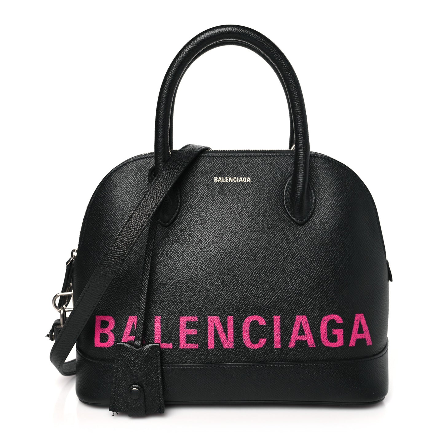 Signature Grained Calfskin Logo S Ville Top Handle Bag Black Rose Shocking