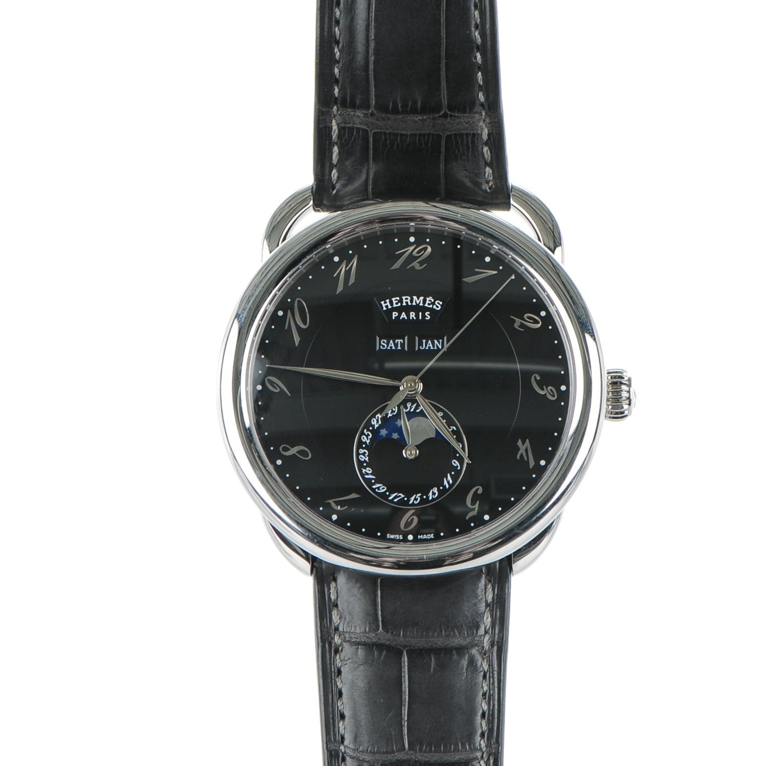 Hermes Stainless Steel Alligator 43mm Arceau Grande Lune Automatic Watch Graphite 1 of 11