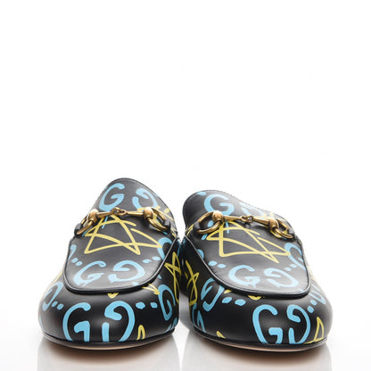 Gucci Calfskin GucciGhost Print Womens Princetown Slippers 37 Black New Acquamarine 2 of 9