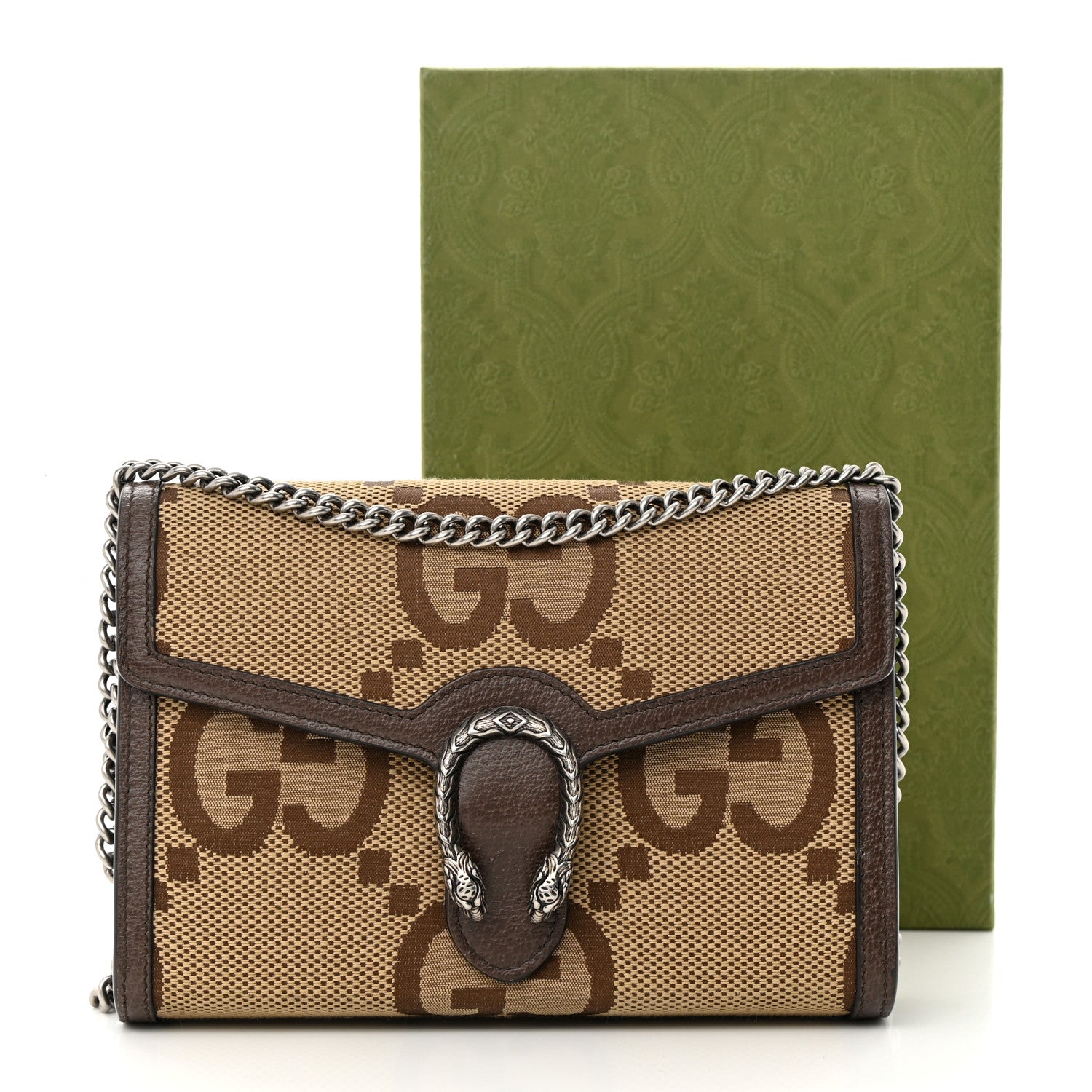 Gucci Monogram Jumbo GG Textured Dollar Calfskin Mini Dionysus Chain Wallet Camel Ebony New Acero 15 of 15