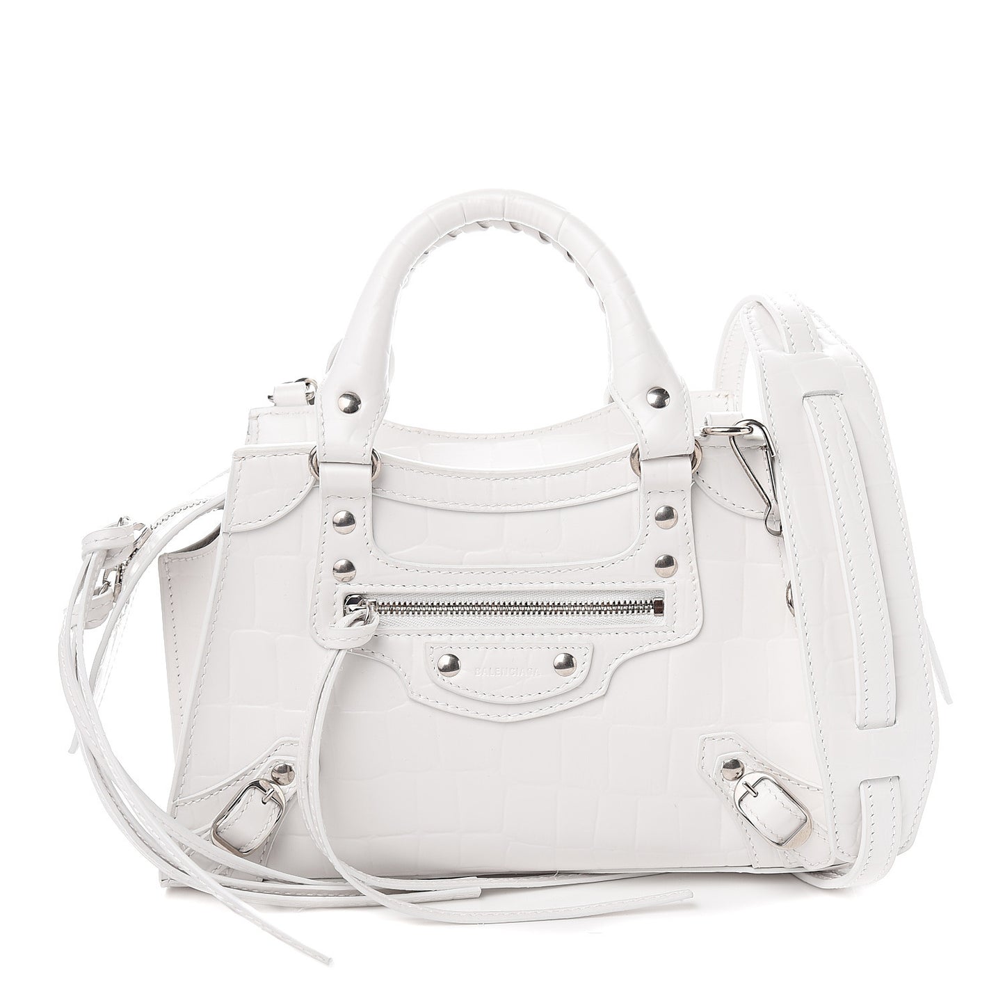 Semi Shiny Calfskin Crocodile Embossed Neo Classic Silver Hardware Mini City White
