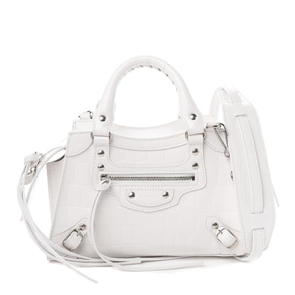 Balenciaga Semi Shiny Calfskin Crocodile Embossed Neo Classic Silver Hardware Mini City White 1 of 8