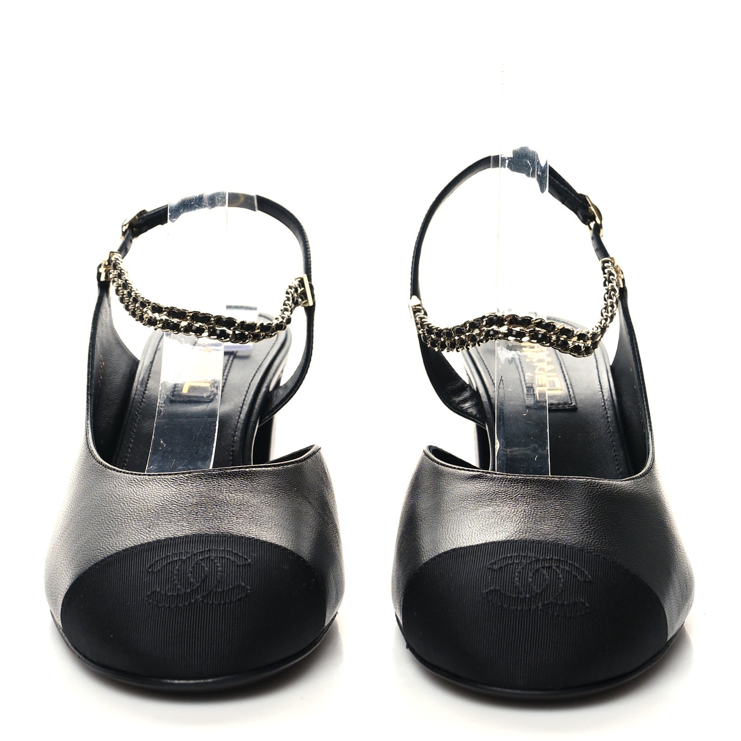 Lambskin Grosgrain Cap Toe Chain Slingback Pumps 41 Black