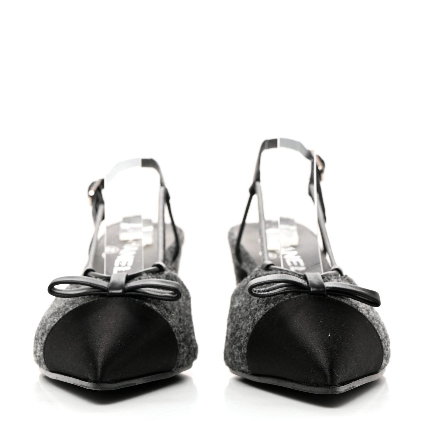 Tweed Satin Slingback Cap Toe Bow Pumps 38.5 Grey Black